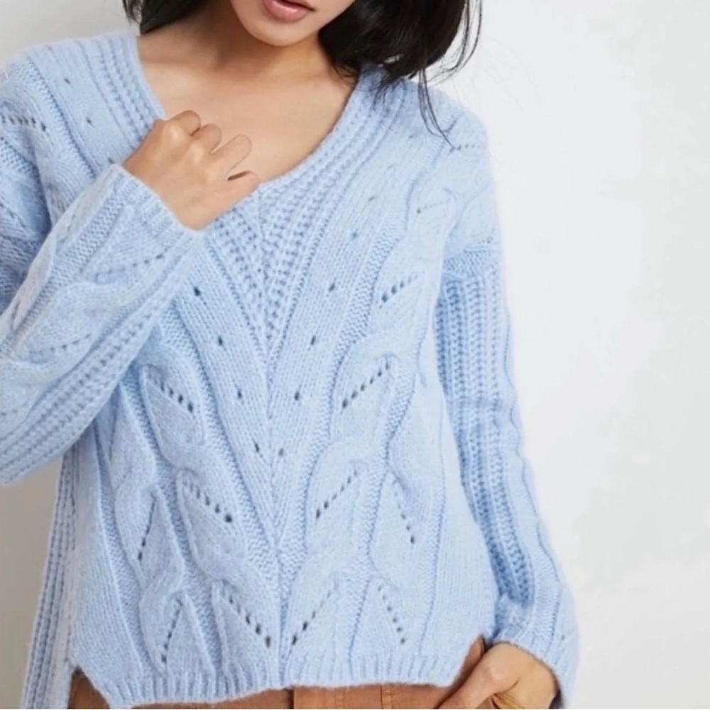 ANTHROPOLOGIE Ramona Light Blue Cable Knit Oversized Sweater